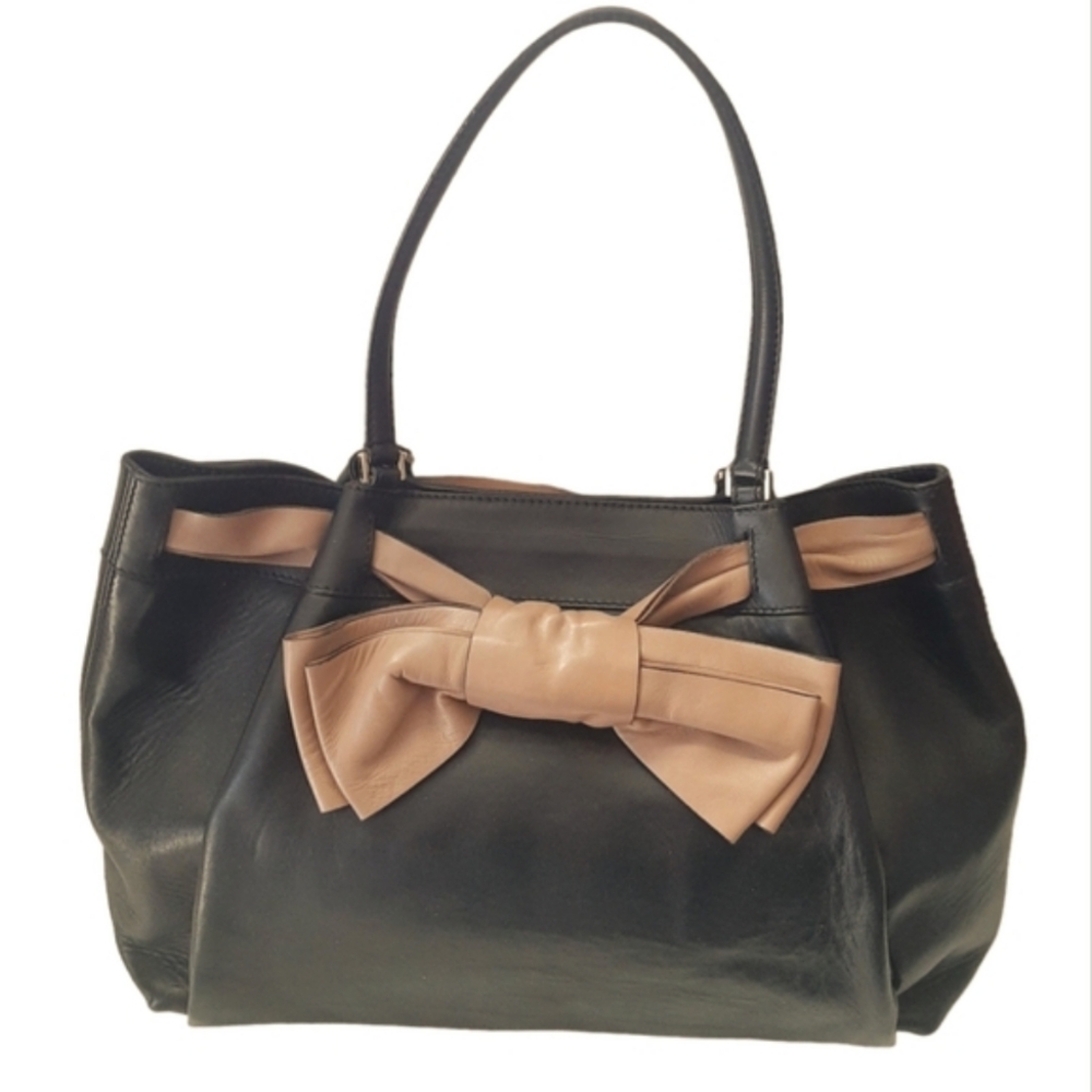 VALENTINO GARAVANI Black Leather Aphrodite Bow Tote w/Belted Tan Leather Bow